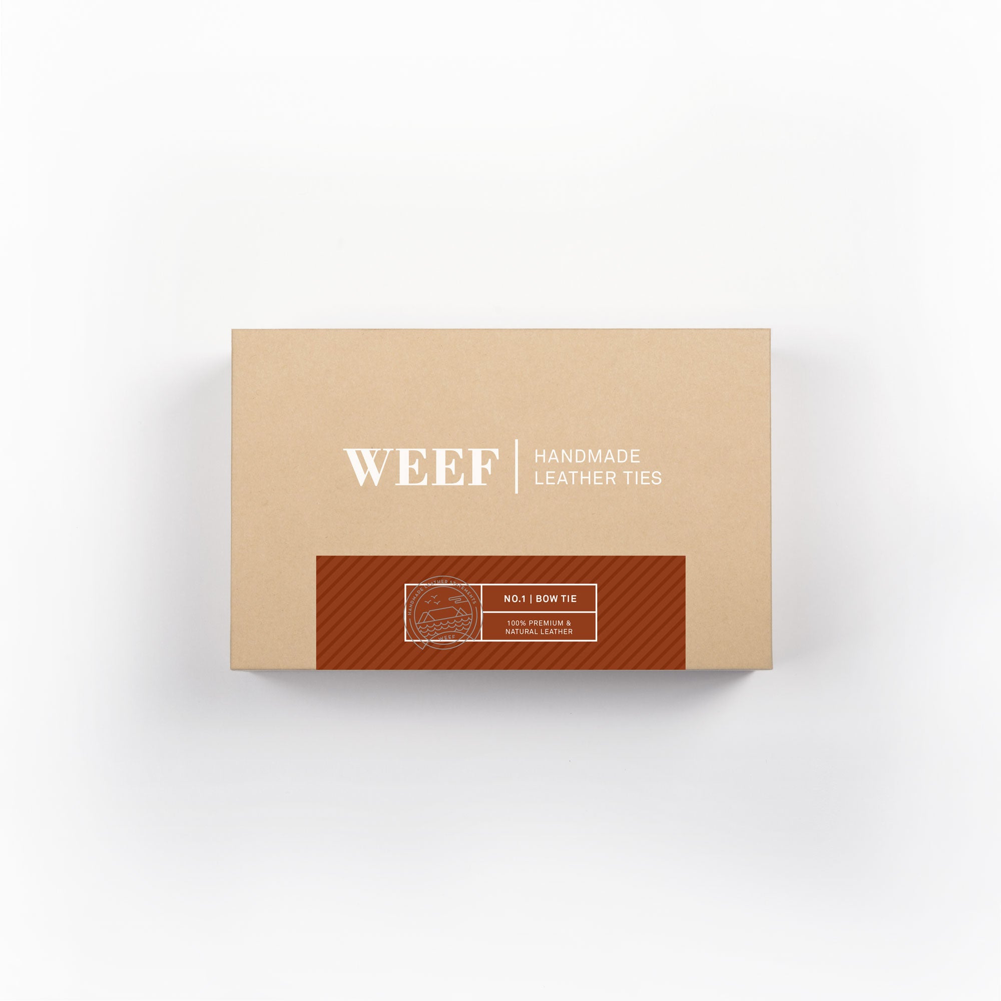 This is the premium packaging box of the cognac tan WEEF handmade leather bow tie.