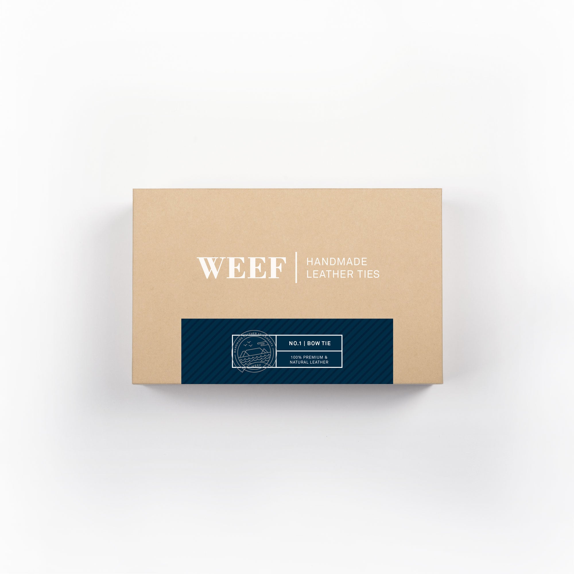 This is the premium packaging box of the deep navy WEEF handmade leather bow tie.
