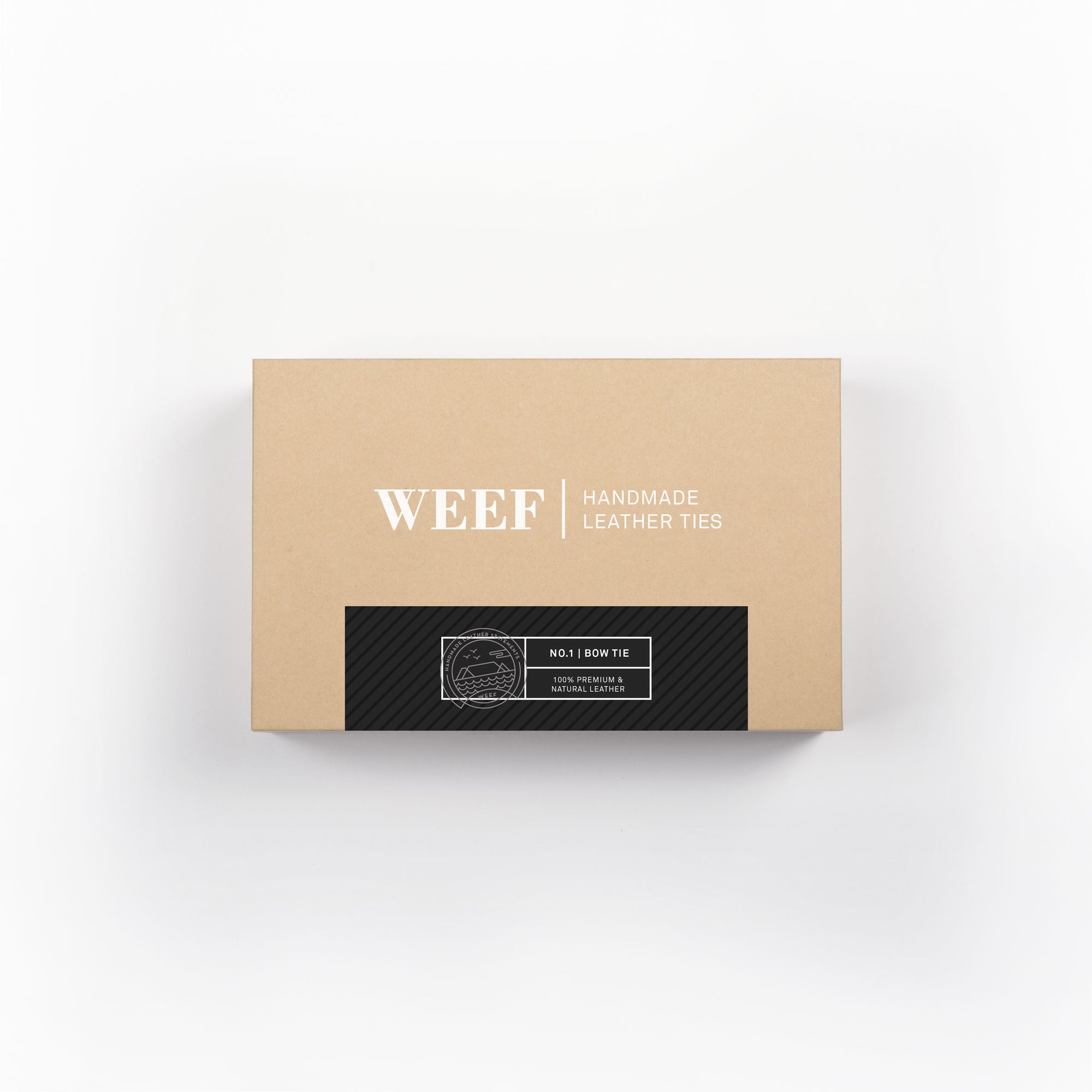 This is the premium packaging box of the matt black WEEF handmade leather bow tie.