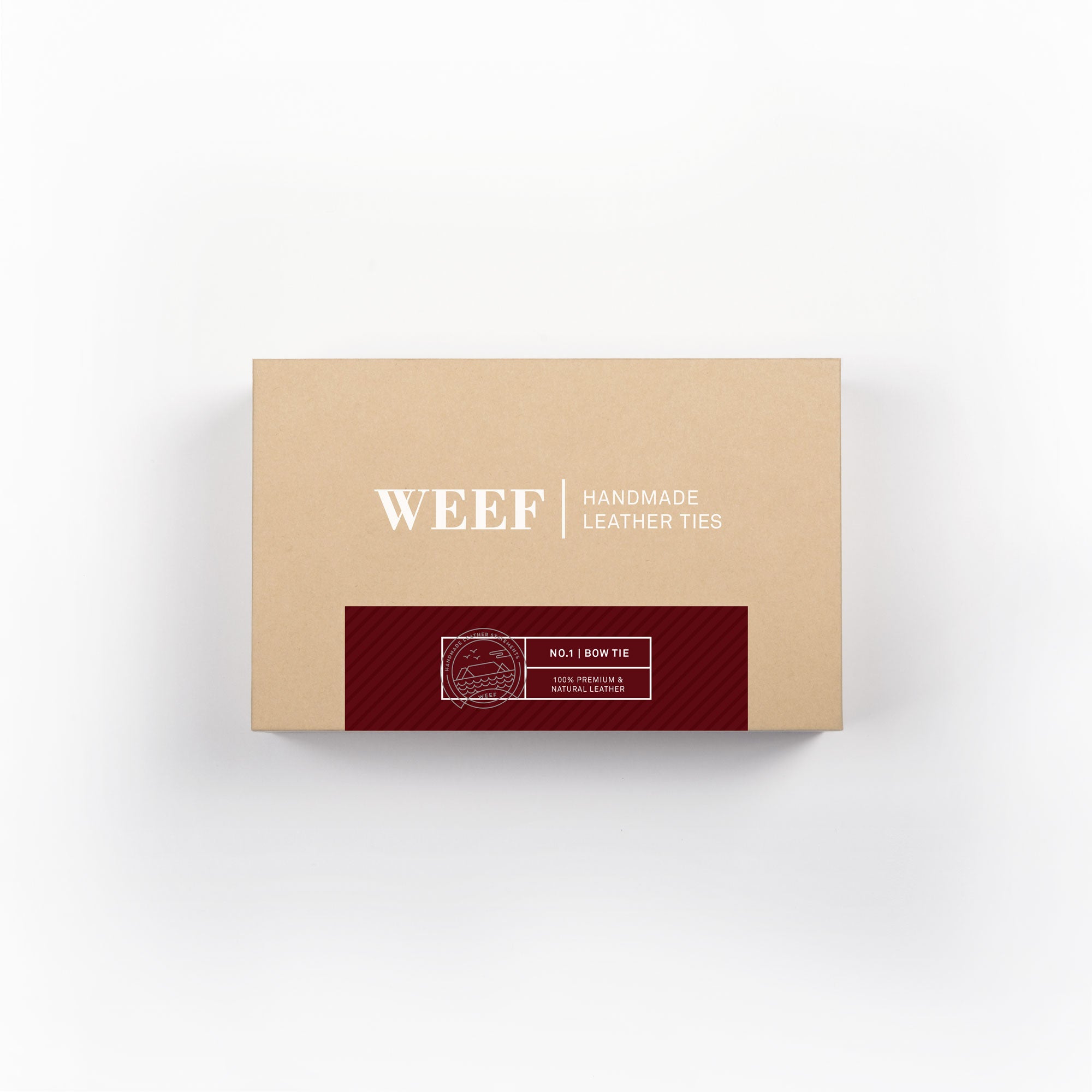 This is the premium packaging box of the oxblood red WEEF handmade leather bow tie.